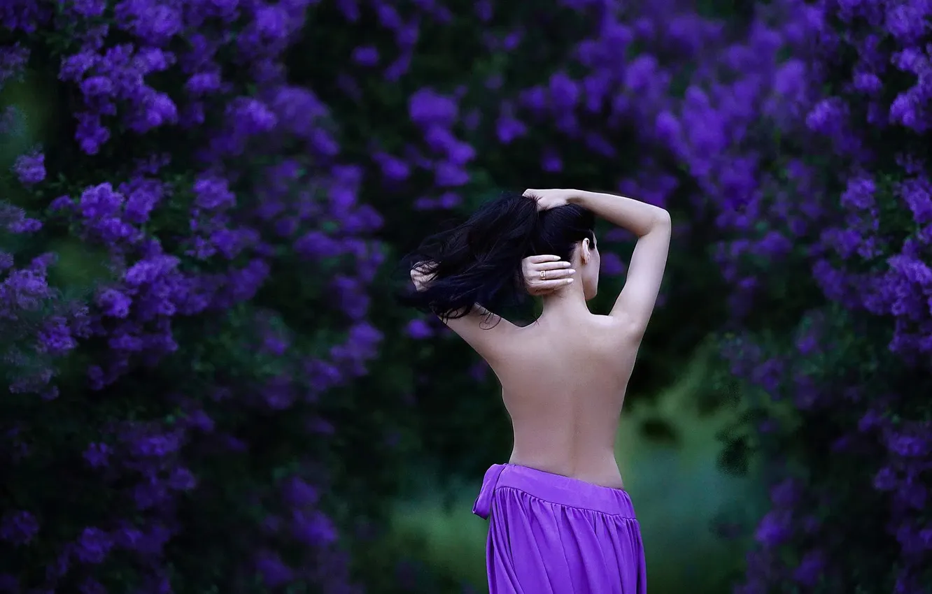 Photo wallpaper girl, flowers, pose, skirt, hands, bare back, lilac, is back