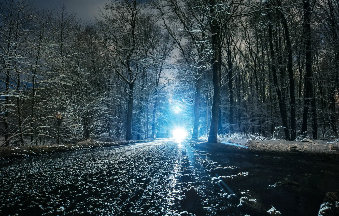 Photo wallpaper winter, road, light, snow, landscape, nature