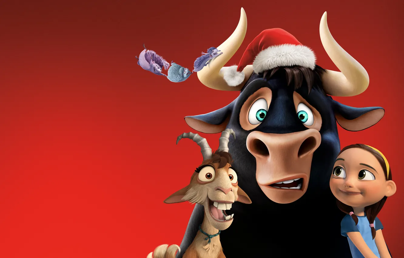 Photo wallpaper red, background, hat, cartoon, girl, horns, poster, bull