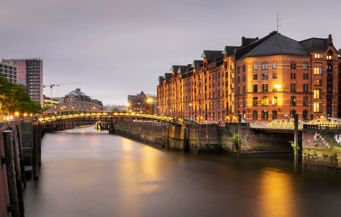 Photo wallpaper lights, river, building, home, the evening, Germany, lights, channel