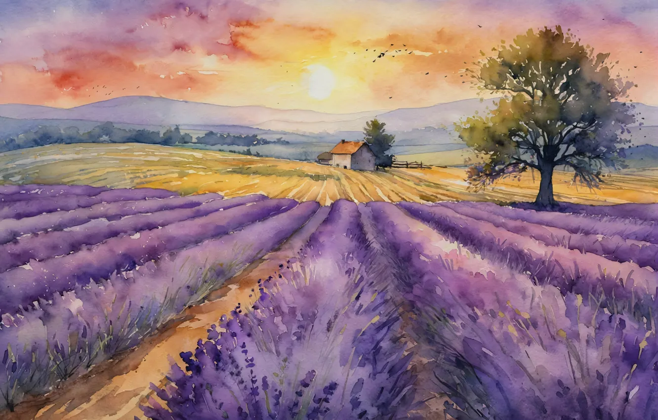 Photo wallpaper trees, bird, a number, neural network, flowers, plantation, AI art, lavender field