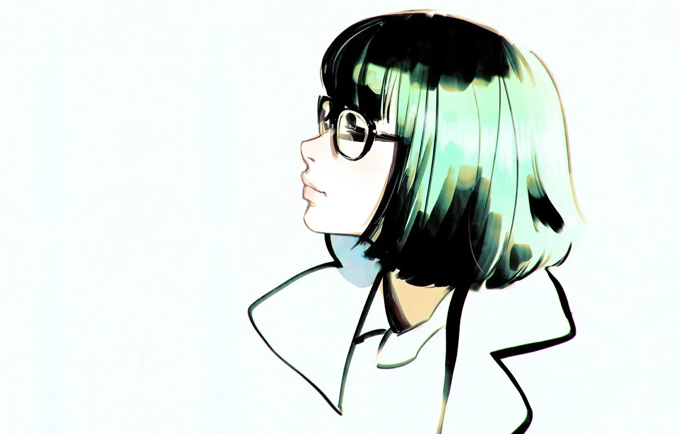 Photo wallpaper haircut, glasses, collar, profile, bangs, portrait of a girl, Ilya Kuvshinov