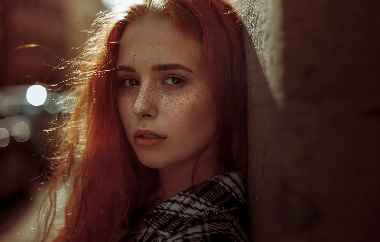 Photo wallpaper look, girl, face, portrait, freckles, red, redhead, freckled