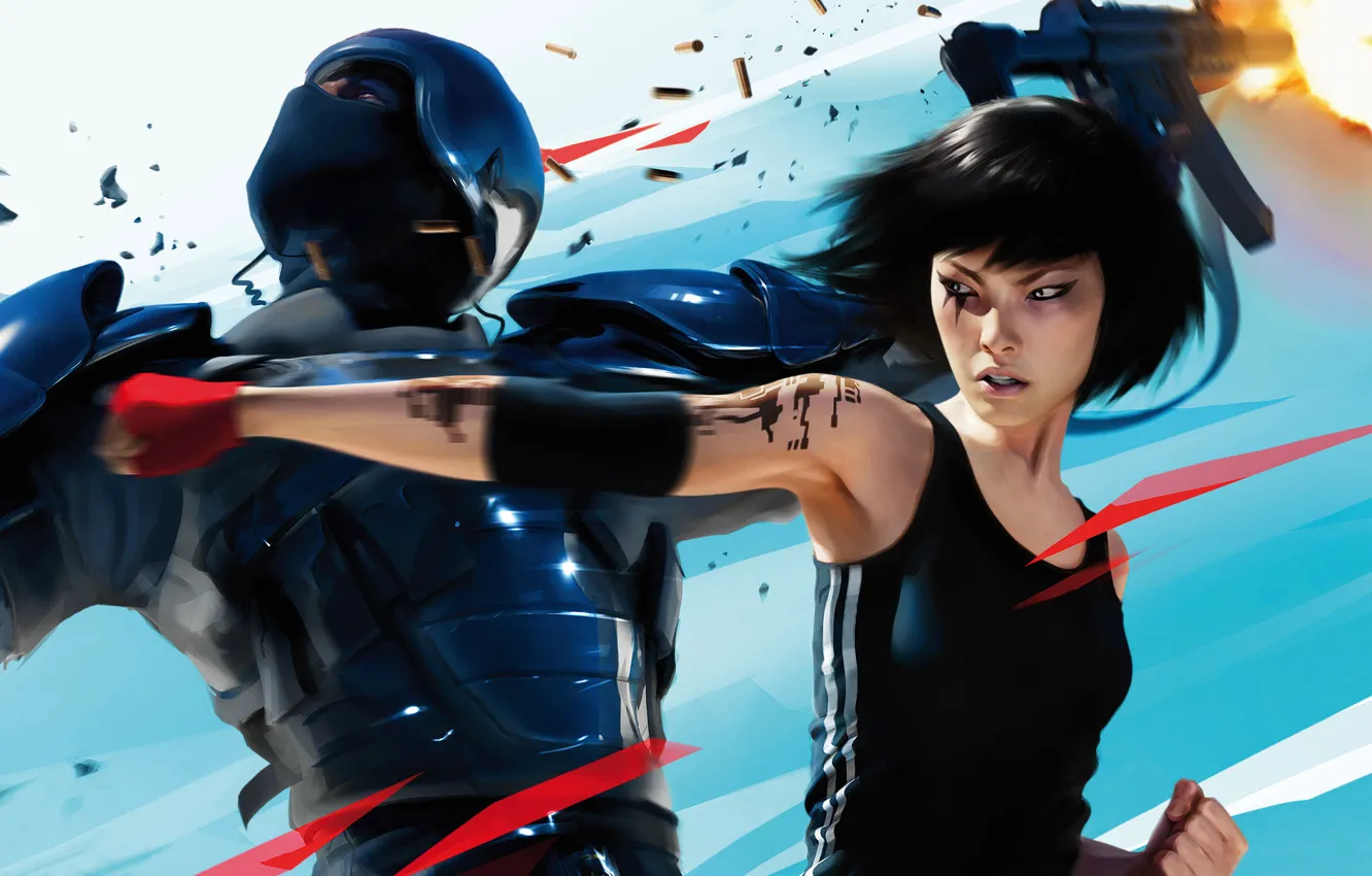 Photo wallpaper Mirror&#39;s Edge, soldier, protective suit, a powerful blow