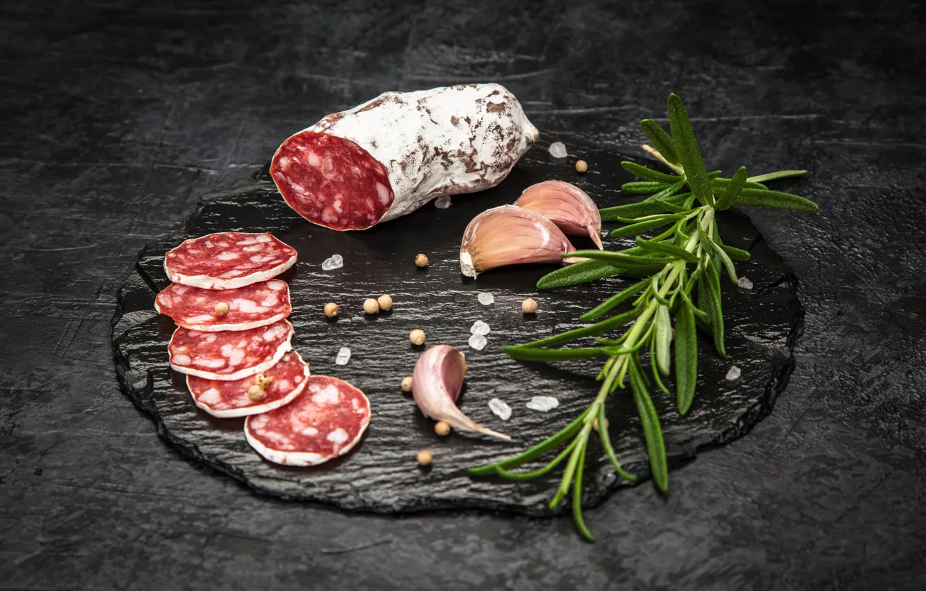 Photo wallpaper cutting, spices, garlic, salt, salami