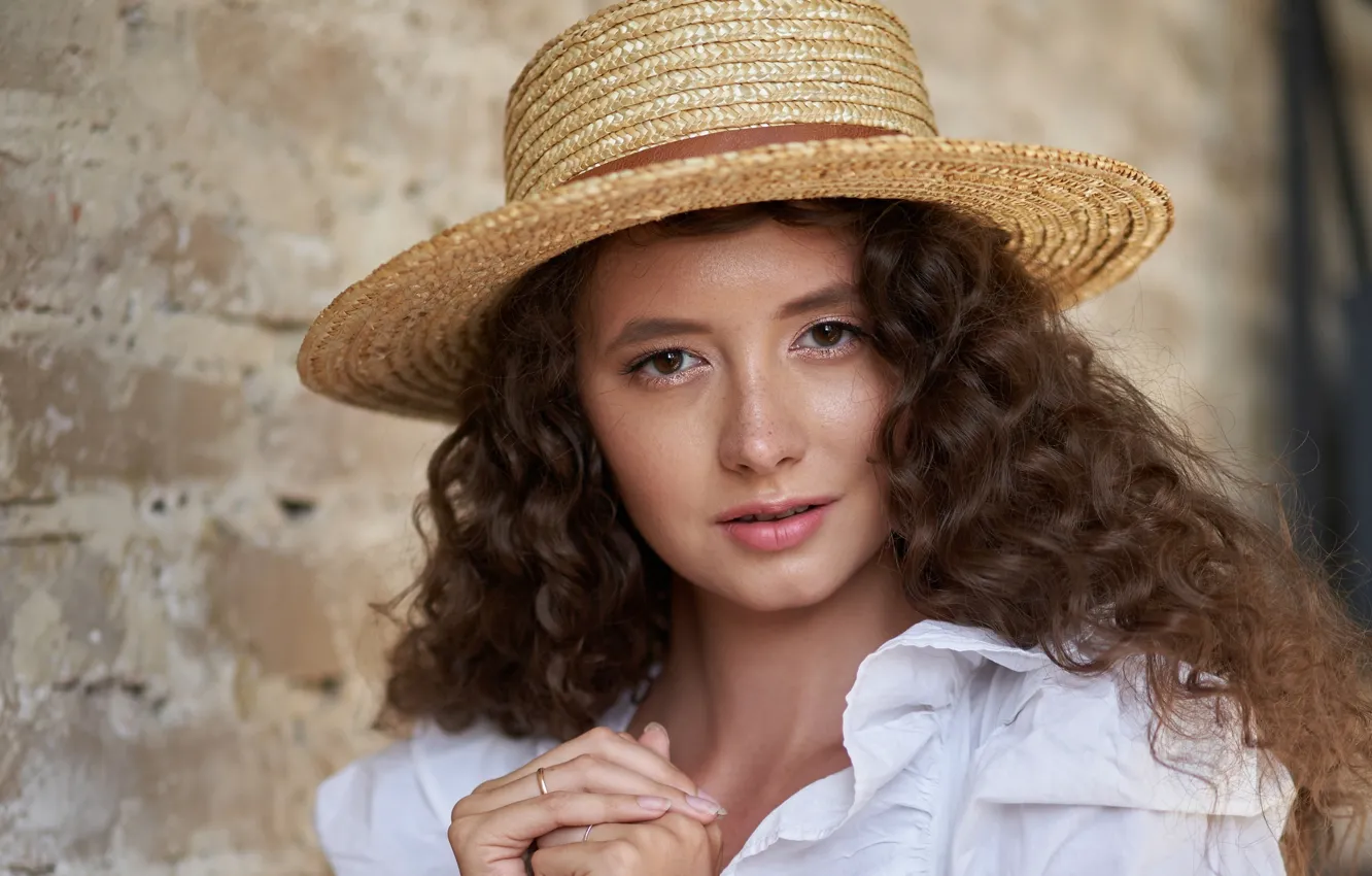 Photo wallpaper look, girl, face, portrait, hat, curls, Disha Shemetova, Vladimir Stefanovic