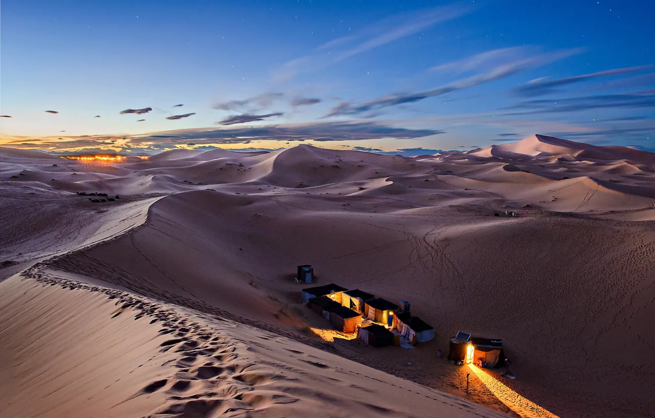 Photo wallpaper nature, dawn, desert, dunes, tents