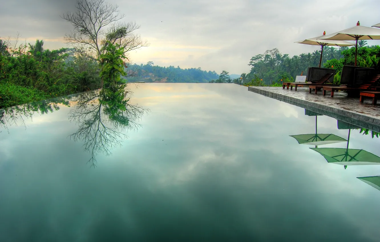 Photo wallpaper HDR, Infinity, pool, sky, umbrella, calm, morning, reflection
