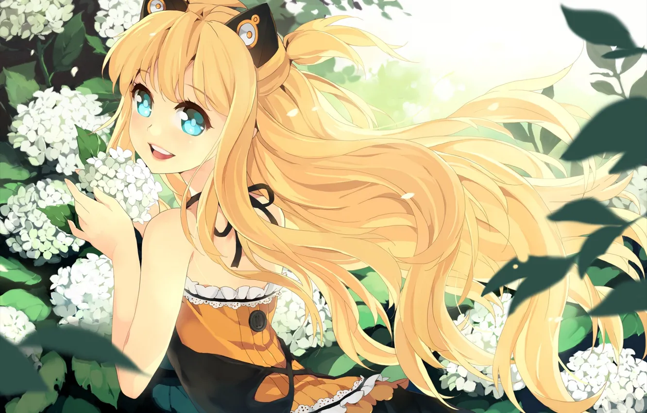 Photo wallpaper girl, flowers, smile, plants, petals, art, vocaloid, ears