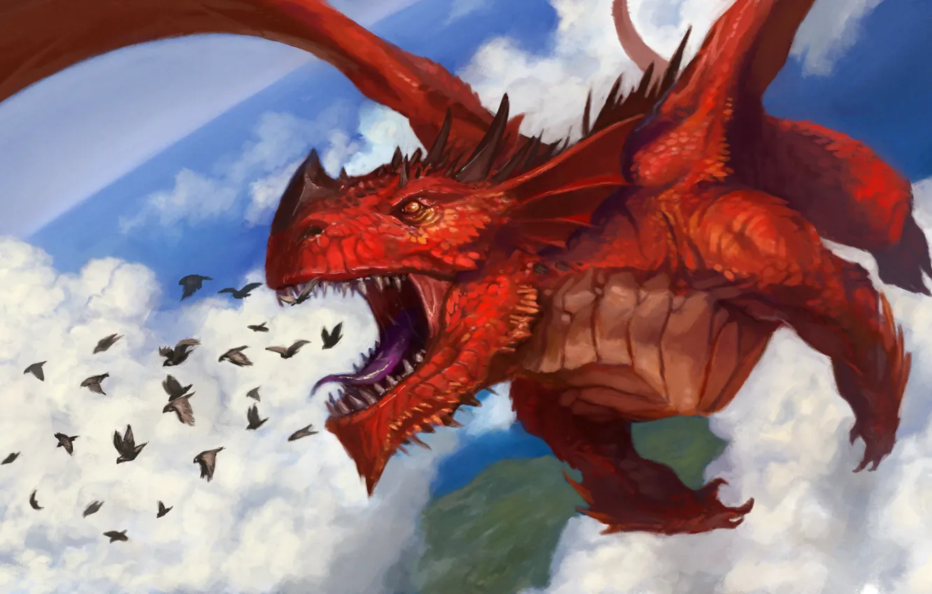 Photo wallpaper the sky, clouds, birds, red, dragon, art, mouth