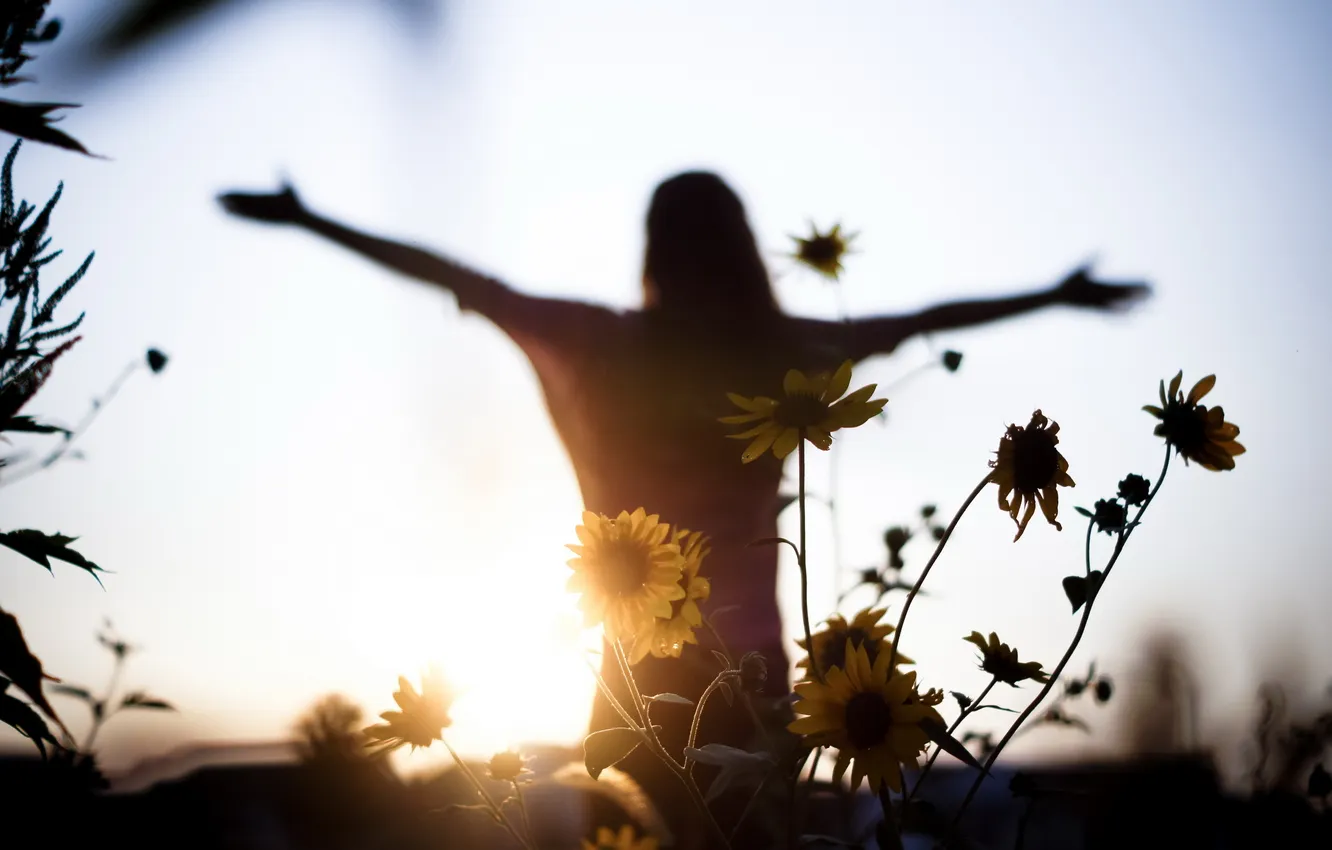 Photo wallpaper freedom, girl, light, flowers, mood