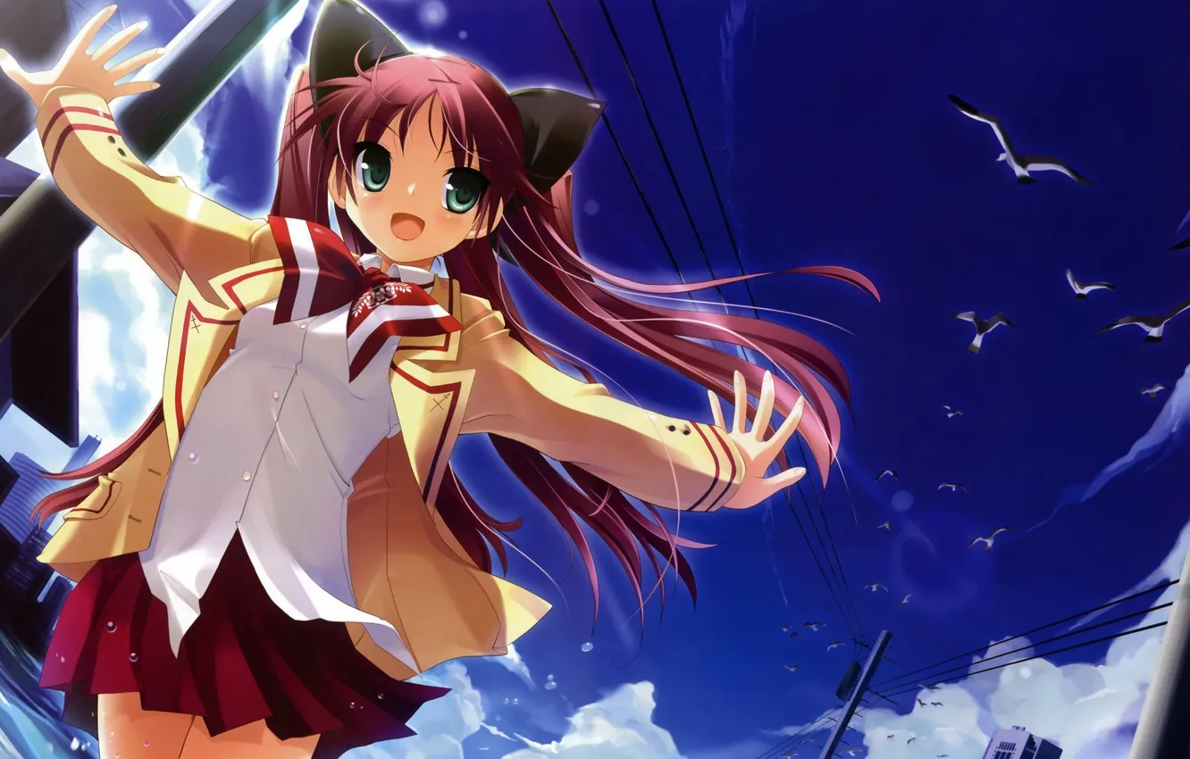 Photo wallpaper the sky, bird, girl, Joy.