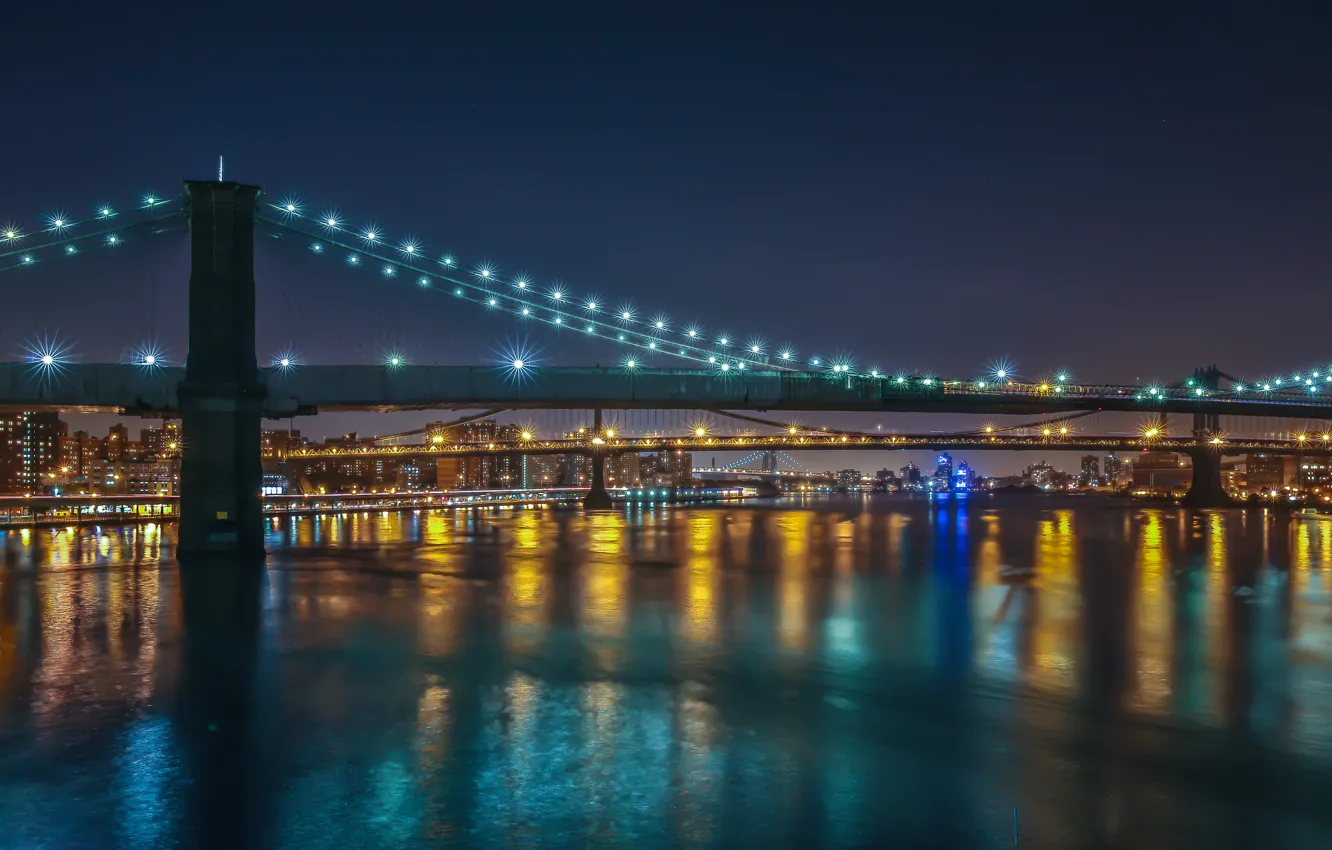 Photo wallpaper night, bridge, the city, lights, Brooklyn, Manhattan, New York City, Williamsburg Bridges