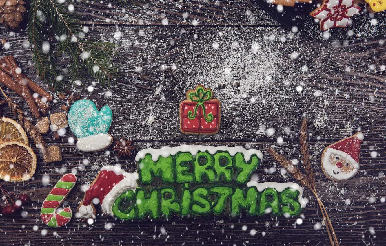 Photo wallpaper snow, New Year, cookies, Christmas, wood, Merry Christmas, cookies, decoration