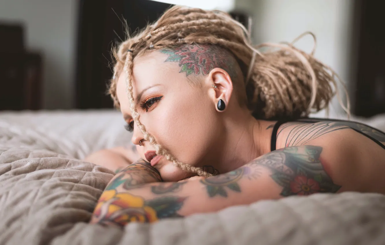 Photo wallpaper Girl, Piercing, Tattoo, Dreadlocks