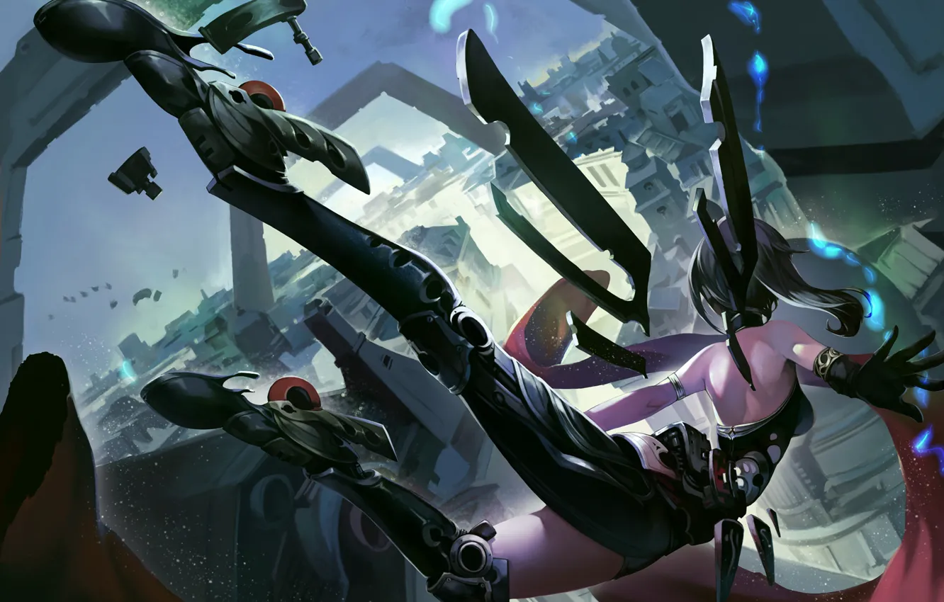 Photo wallpaper girl, flight, the city, fiction, feet, drop, art, cyborg