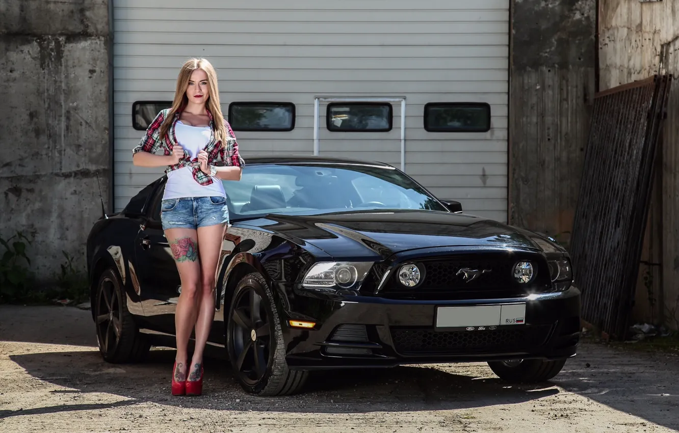 Photo wallpaper Girls, Ford Mustang, beautiful girl, Sophia Temnikova, black car