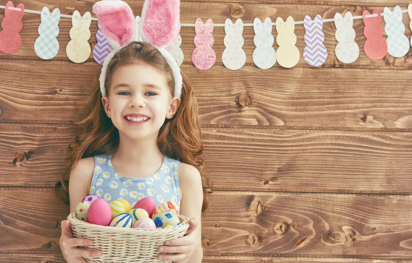 Photo wallpaper wall, holiday, basket, Board, eggs, Easter, girl, garland