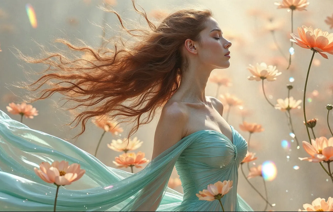 Photo wallpaper girl, flowers, redhead, flowing hair, green dress, AI art, neural network