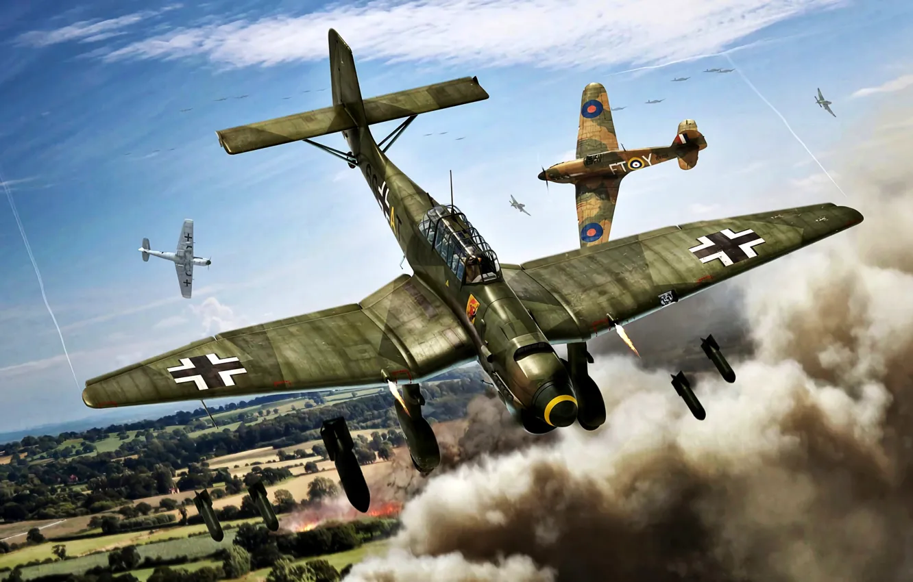 Photo wallpaper Smoke, the bombing, Hawker Hurricane, dive bomber, Blitzkrieg 1940, bombs, Ju.87B-1, SC-50
