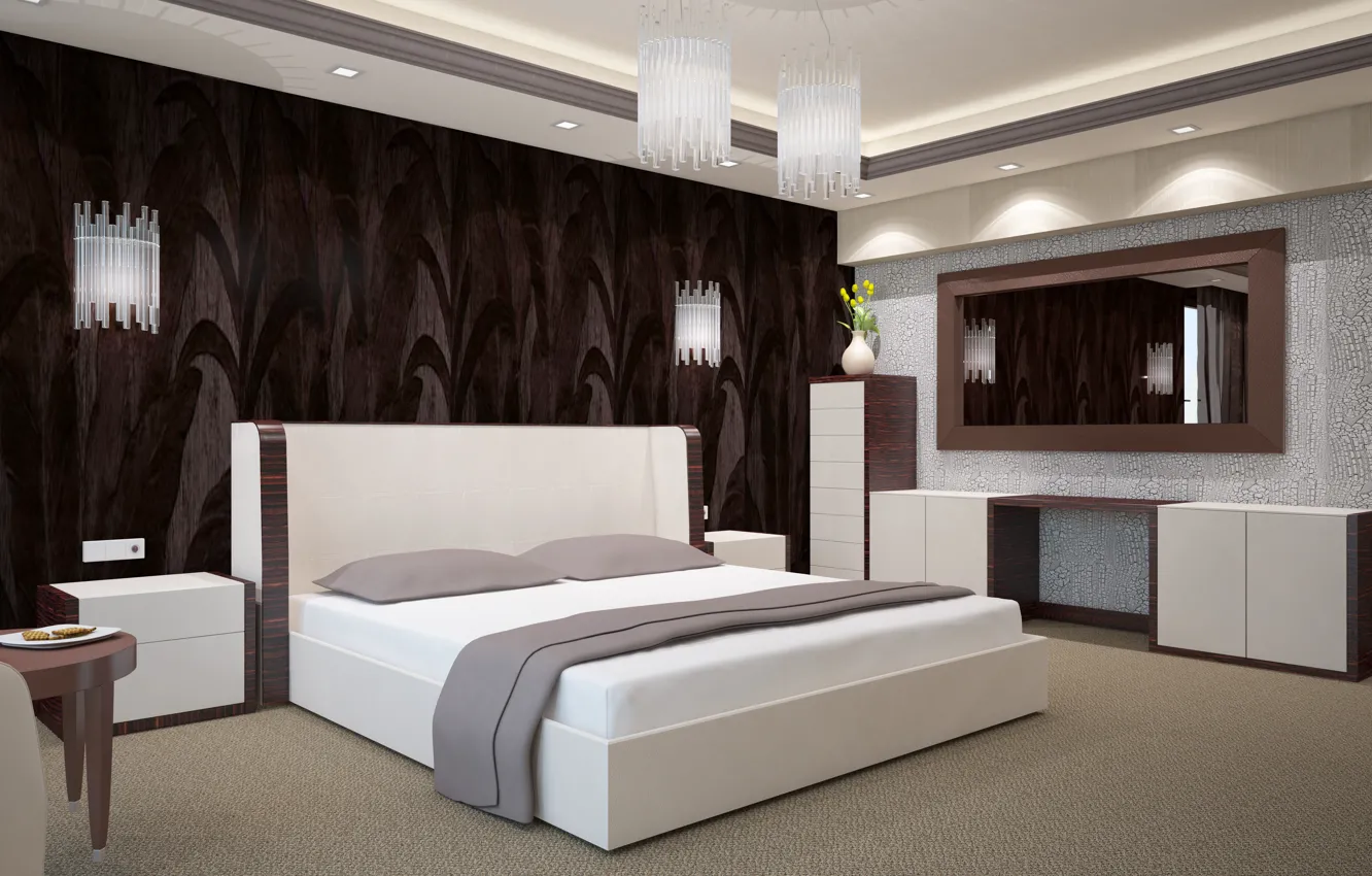 Photo wallpaper flowers, design, room, furniture, bed, pillow, mirror, chandelier