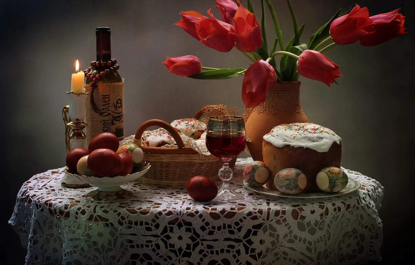 Photo wallpaper flowers, wine, glass, bottle, eggs, Easter, tulips, still life
