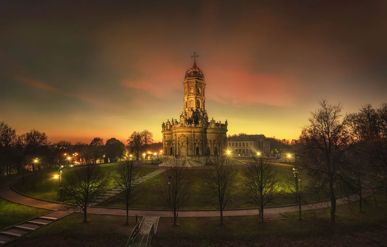 Photo wallpaper hills, village, the evening, lighting, temple, Podolsk, Dubrovitsy