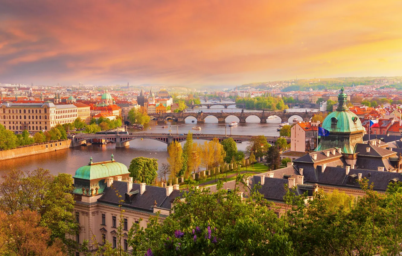 Photo wallpaper river, home, Prague, Czech Republic, bridges, Vltava