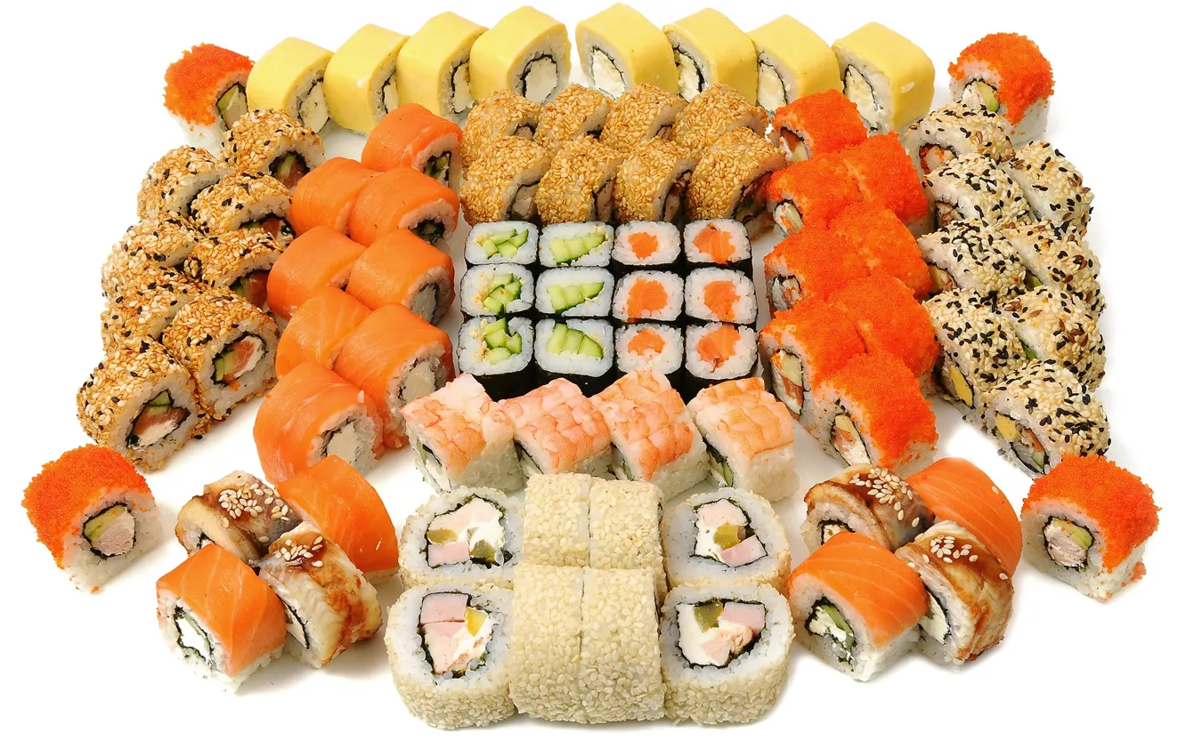 Photo wallpaper fish, caviar, sushi, rolls, seafood