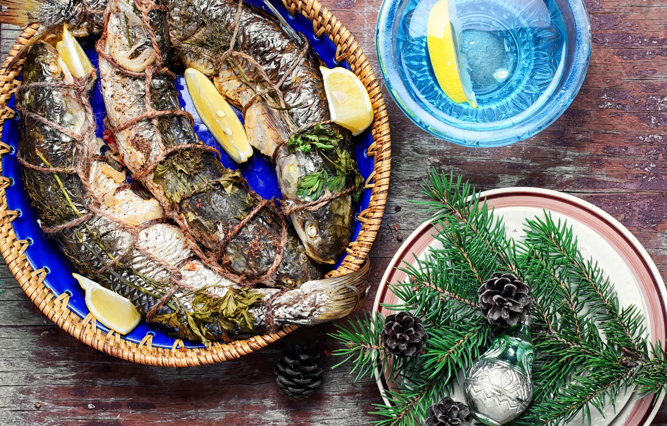 Photo wallpaper baked, lemon, fish, fir-tree branches, citrus