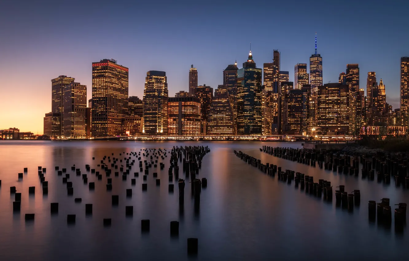 Photo wallpaper the sky, night, the city, lights, shore, New York, skyscrapers, the evening