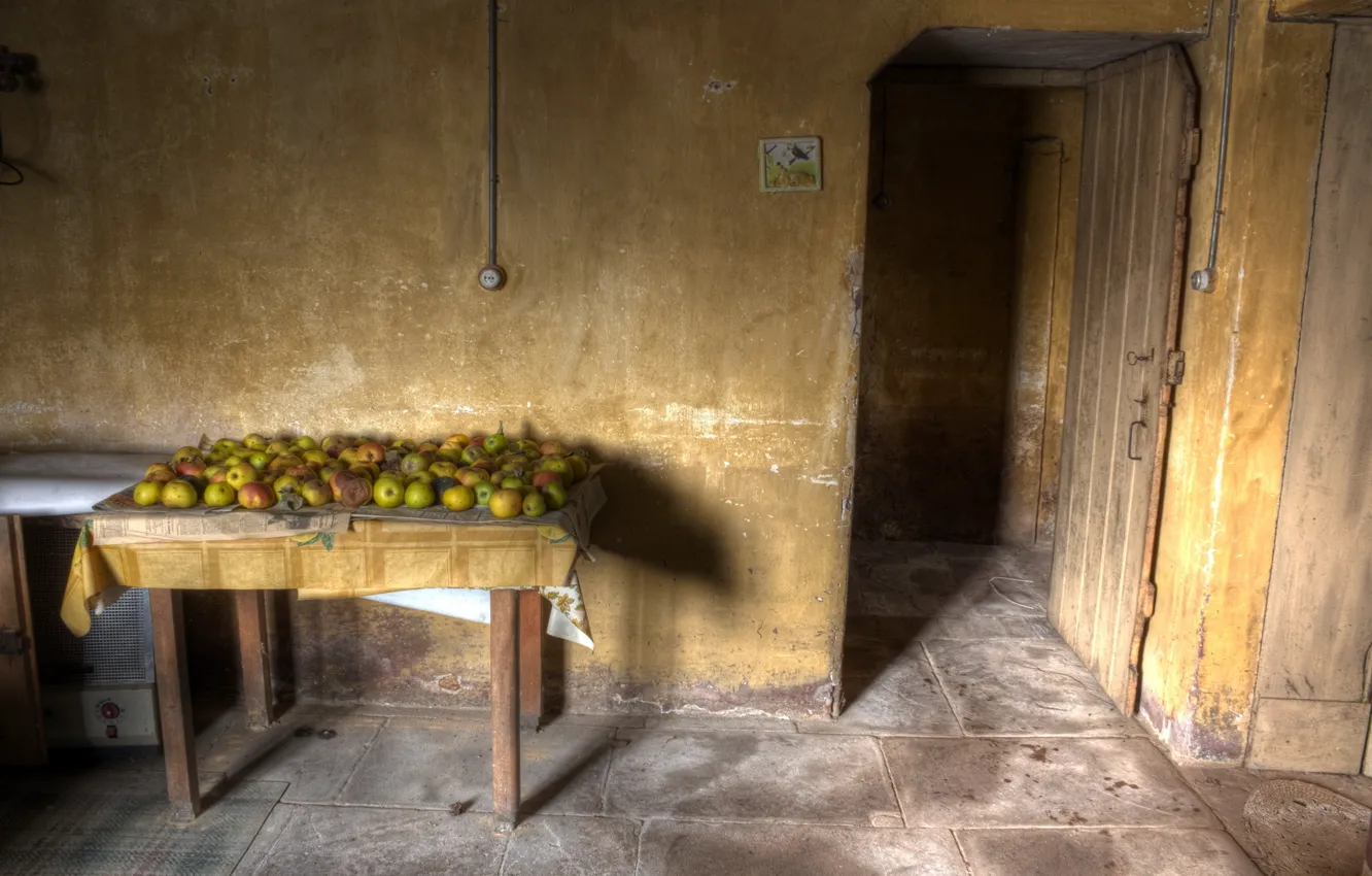 Photo wallpaper table, apples, the door