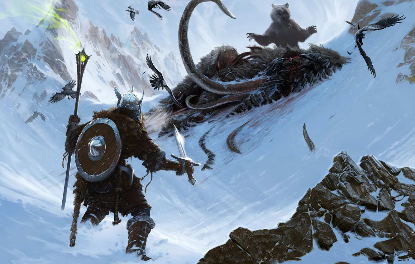 Photo wallpaper snow, mountains, magic, bear, art, mammoth, Skyrim, adventurer