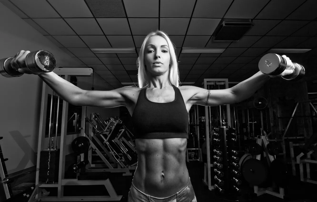 Photo wallpaper woman, exercise, look, pose, fitness, dumbbells