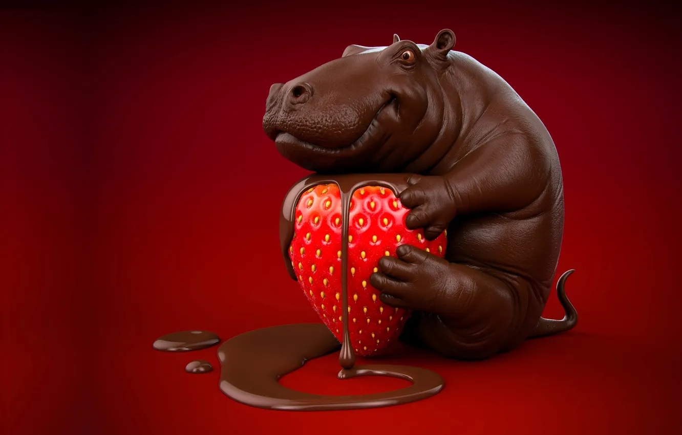 Photo wallpaper chocolate, strawberry, Hippo, red background, 3D graphics