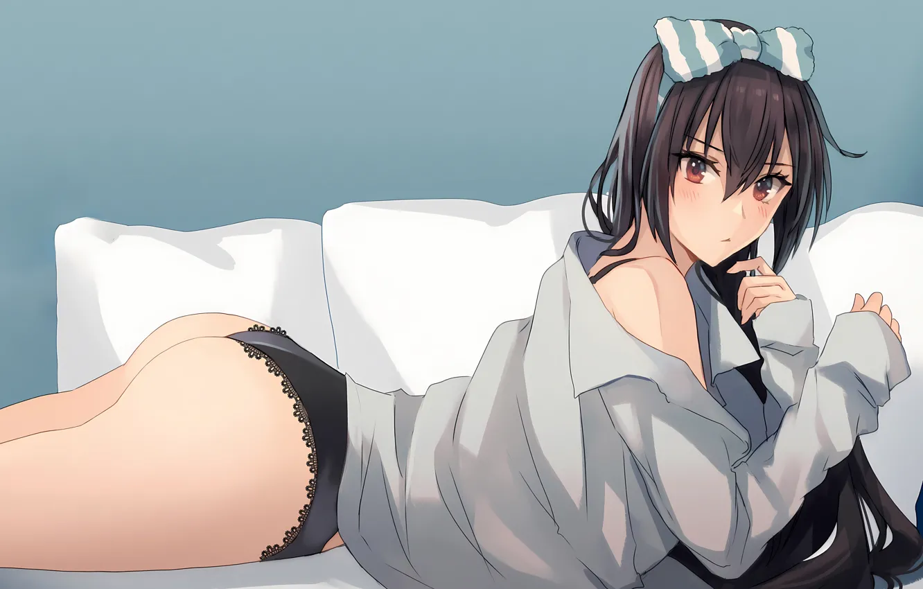 Photo wallpaper girl, sexy, lingerie, ass, panties, long hair, brown eyes, anime
