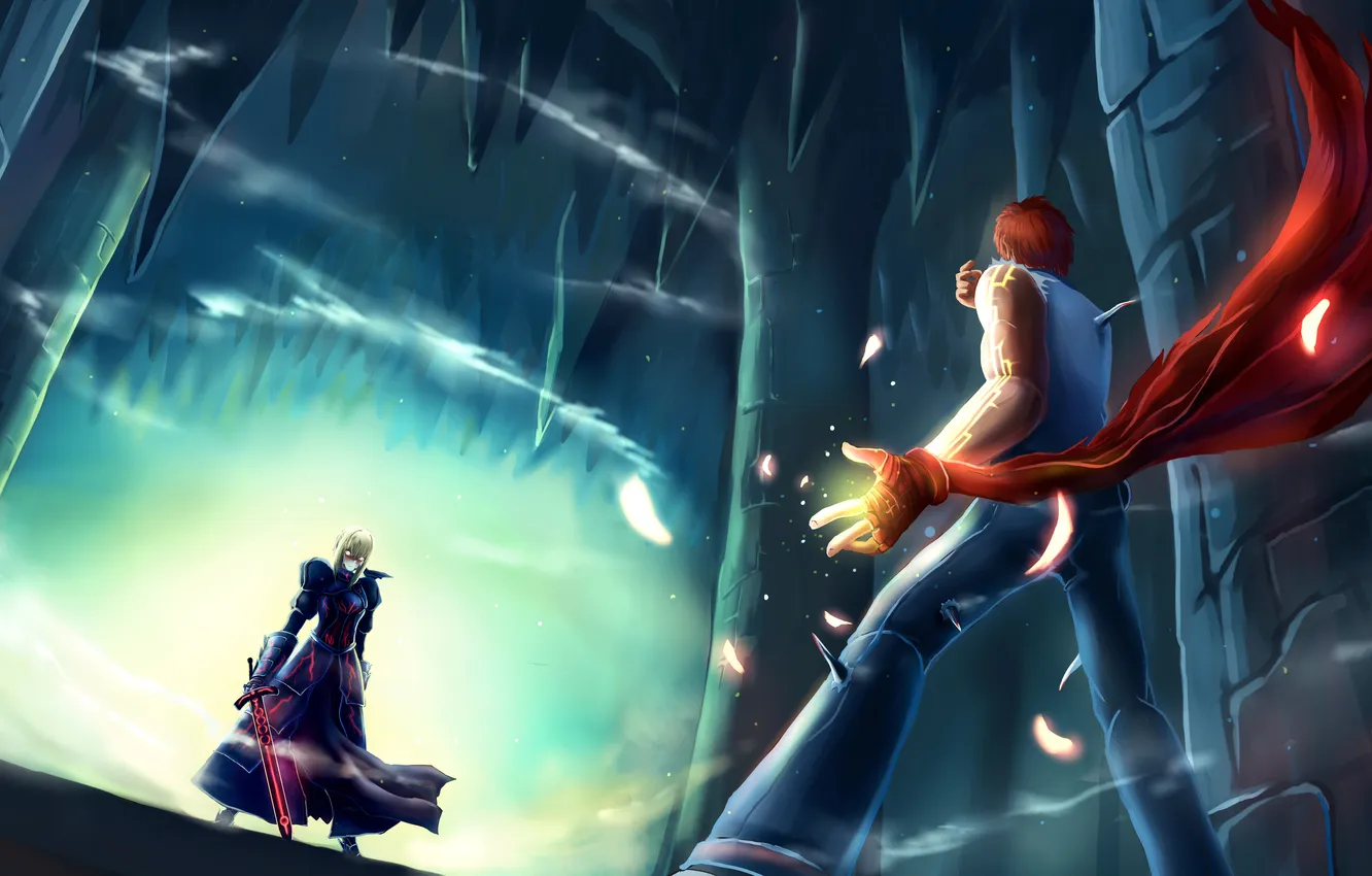 Photo wallpaper girl, castle, art, guy, cloak, Fate/Stay Night, saber, runes