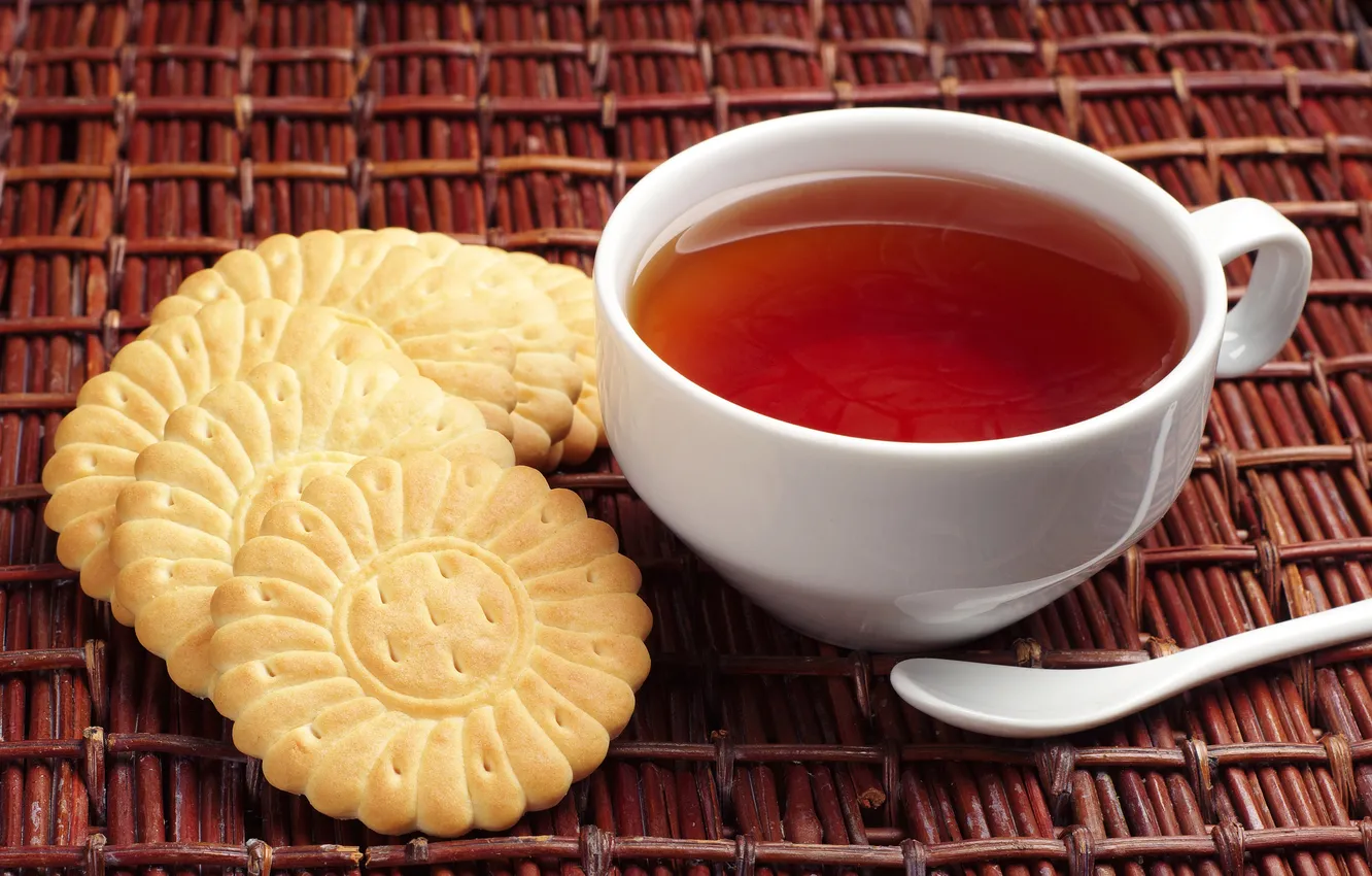 Photo wallpaper white, tea, cookies, spoon, Cup