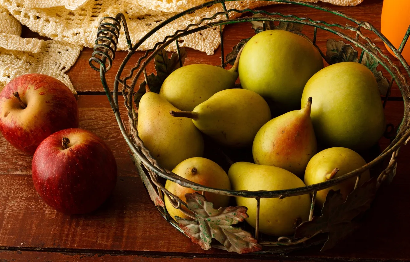 Photo wallpaper table, basket, apples, fruit, pear