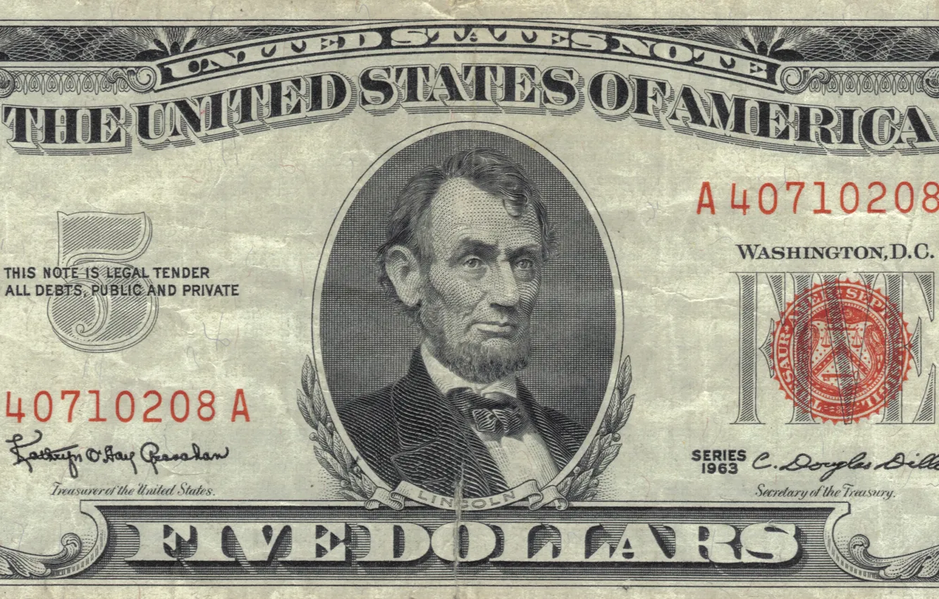 Photo wallpaper Lincoln, red, note, five, dollar, united, reserve, $