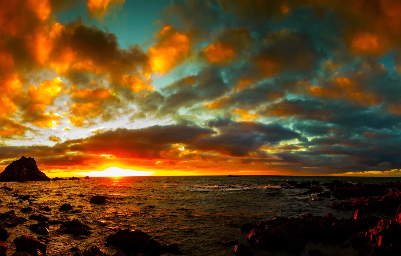 Photo wallpaper sea, the sky, the sun, clouds, sunset, stones, coast, horizon