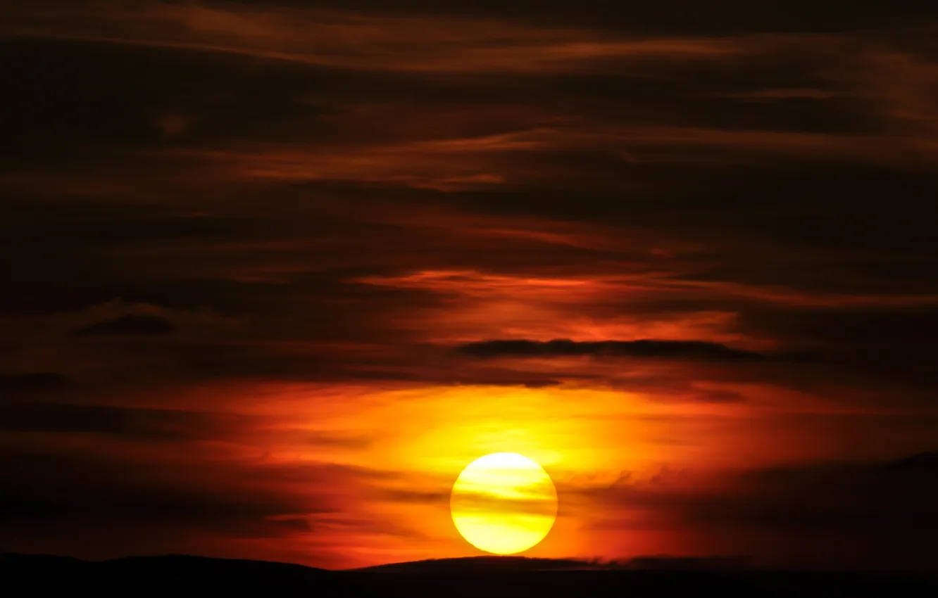 Photo wallpaper the sky, the sun, clouds, sunset, hills