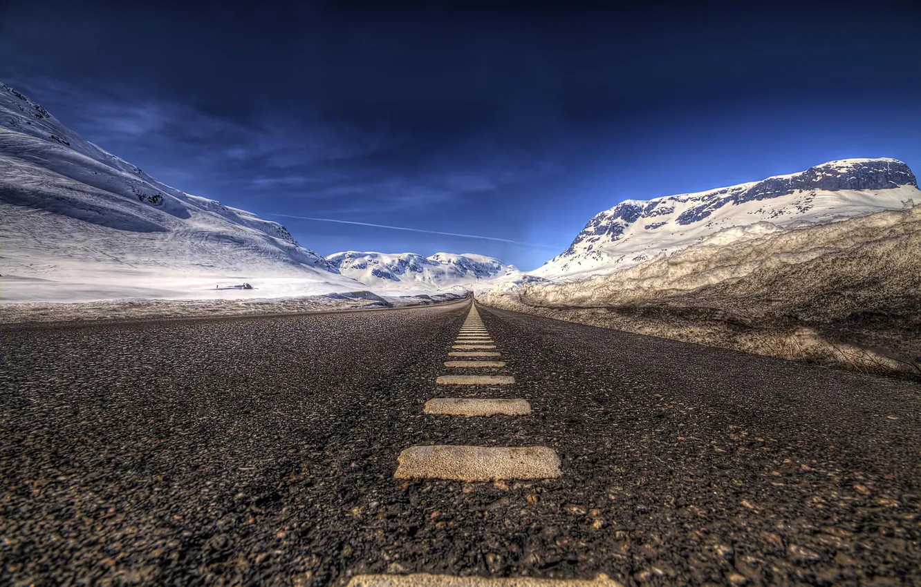 Photo wallpaper road, asphalt, snow, landscape, mountains, HDR