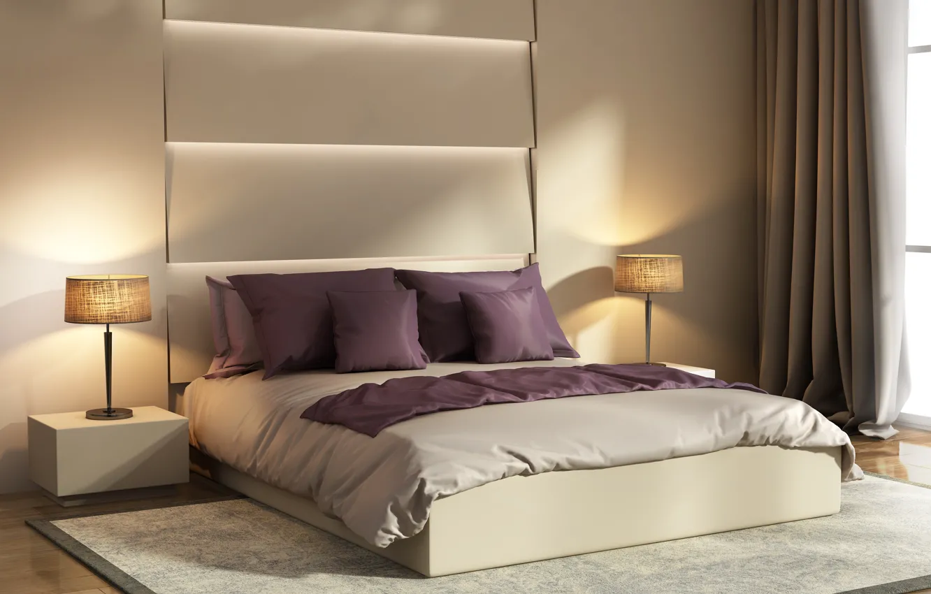 Photo wallpaper design, bed, interior, bedroom, decor, lamps, bedrooms