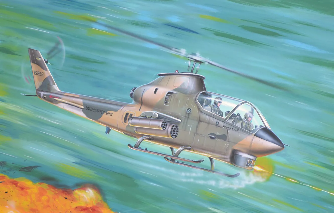 Photo wallpaper war, art, helicopter, painting, vietnam war, Bell AH-1G Huey Cobra