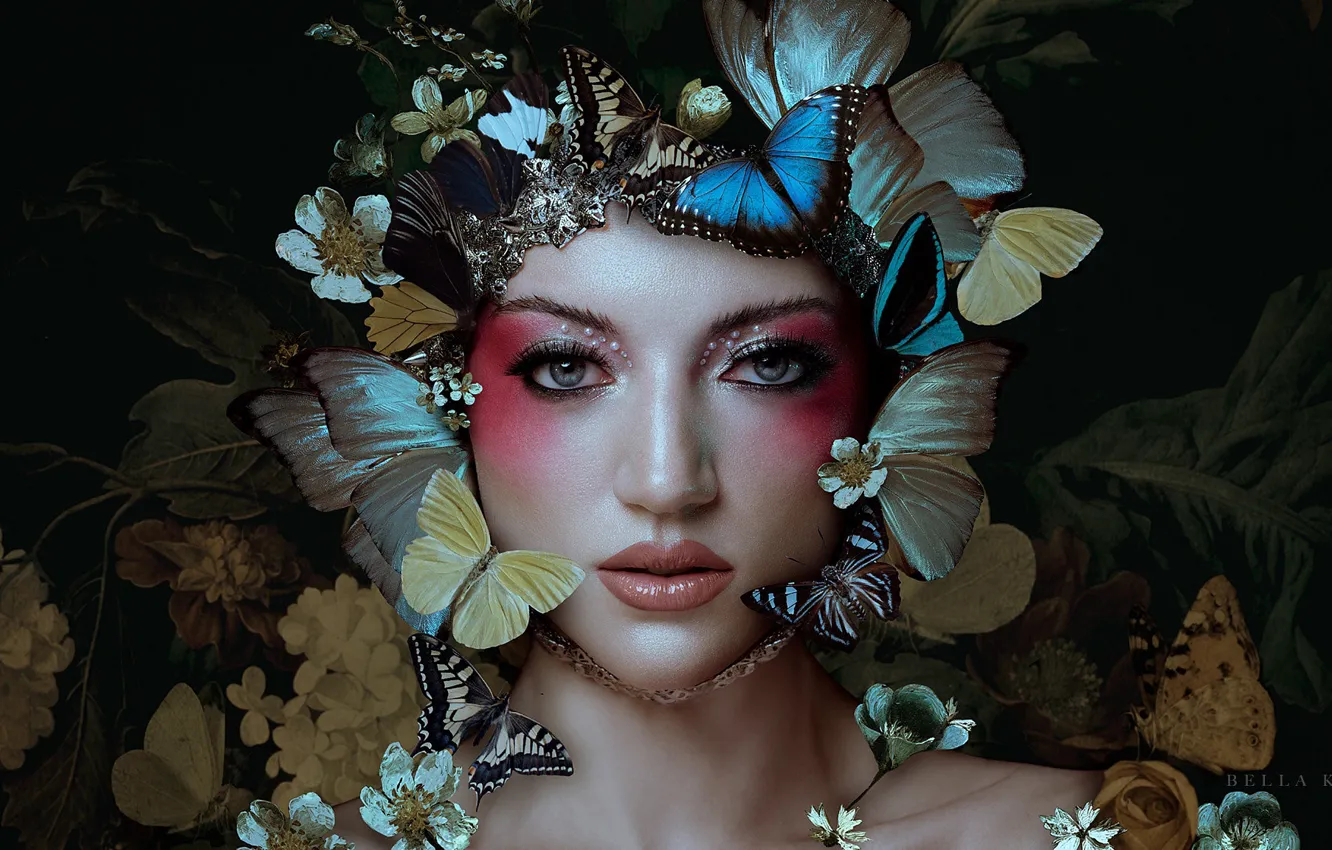 Photo wallpaper look, girl, butterfly, flowers, face, style, makeup, Bella Kotak