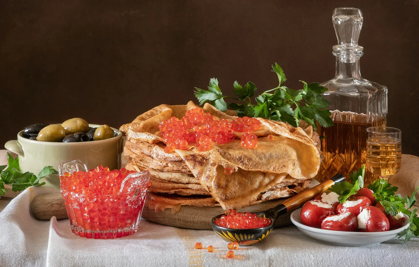 Photo wallpaper pancakes, red caviar, Carnival, Galina Trishina