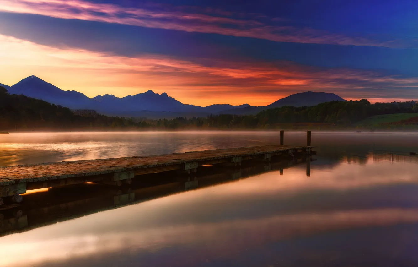 Photo wallpaper mountains, pierce, the bridge, pond