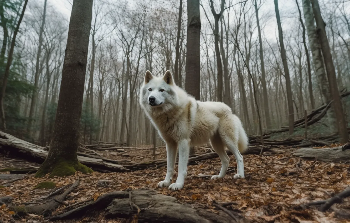 Photo wallpaper autumn, forest, white, trees, branches, foliage, wolf, Arctic