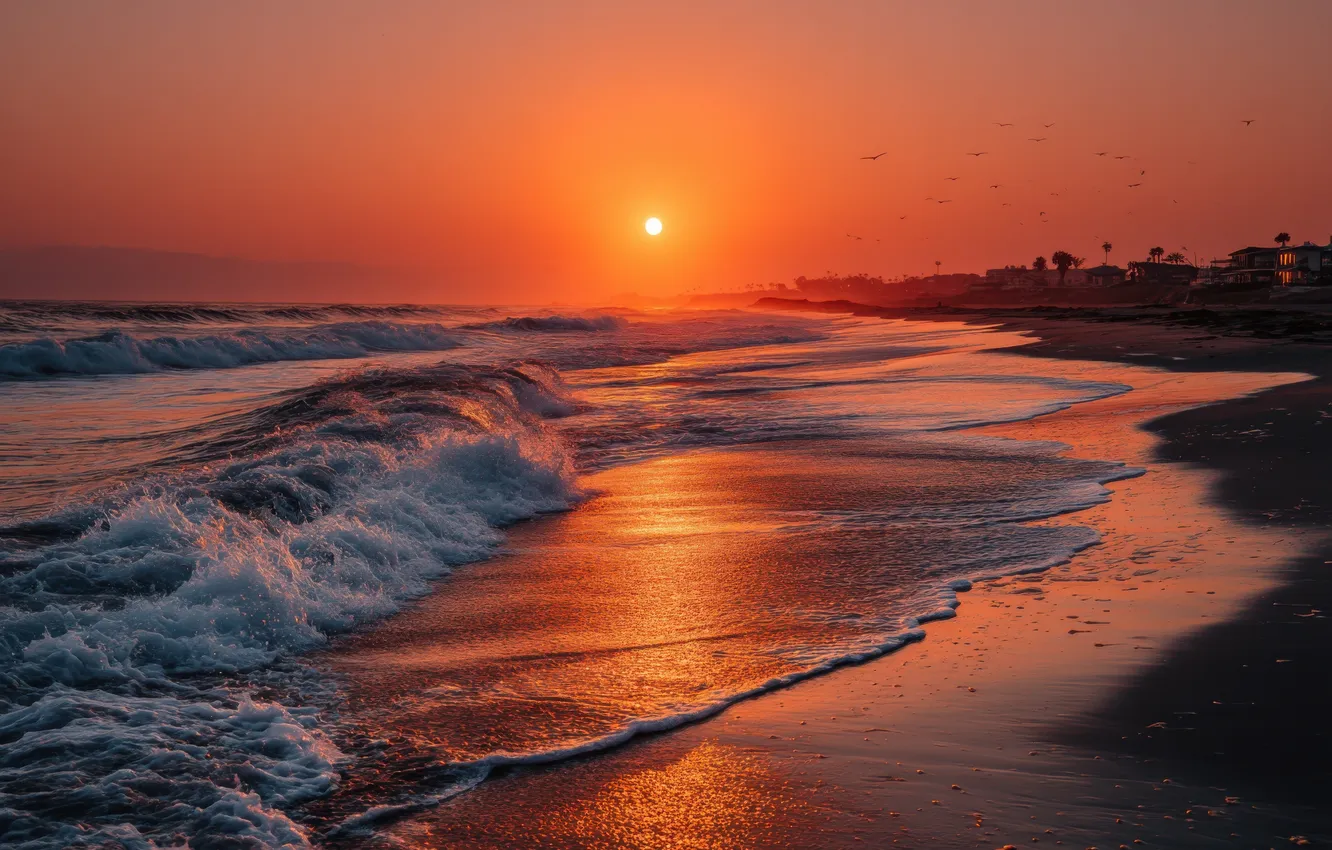 Photo wallpaper sea, wave, landscape, sunset, AI art, neural network